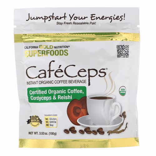 California Gold Nutrition, CafeCeps, Certified Organic Instant Coffee with Cordyceps and Reishi Mushroom Powder, 3.52 oz (100 g) Review California Gold Nutrition, CafeCeps, Certified Organic Instant Coffee with Cordyceps and Reishi Mushroom Powder, 3.52 oz (100 g) Review