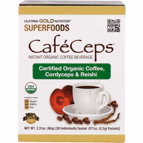 California Gold Nutrition, CafeCeps, Certified Organic Instant Coffee with Cordyceps and Reishi Mushroom Powder, 30 Packets, .077 oz (2.2 g) Each Review California Gold Nutrition, CafeCeps, Certified Organic Instant Coffee with Cordyceps and Reishi Mushroom Powder, 30 Packets, .077 oz (2.2 g) Each Review