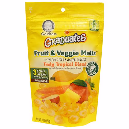 Gerber, Graduates, Fruit & Veggie Melts, Truly Tropical Blend, 1.0 oz (28 g) Review Gerber, Graduates, Fruit & Veggie Melts, Truly Tropical Blend, 1.0 oz (28 g) Review