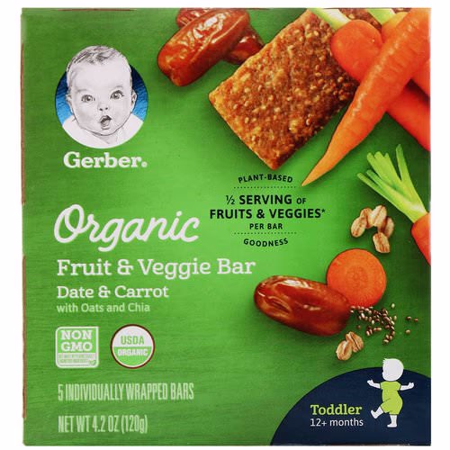Gerber, Organic Fruit & Veggie Bar, 12+ months, Date & Carrot, 5 Individually Wrapped Bars, 4.2 oz (120 g) Review Gerber, Organic Fruit & Veggie Bar, 12+ months, Date & Carrot, 5 Individually Wrapped Bars, 4.2 oz (120 g) Review