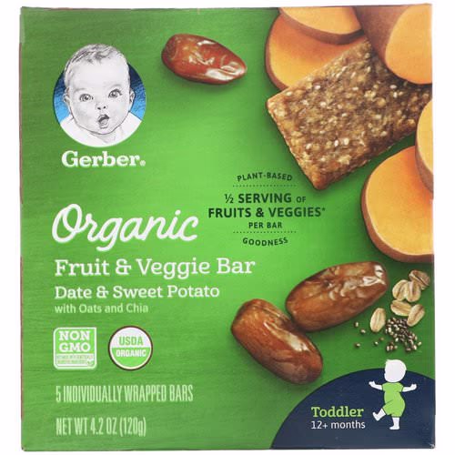 Gerber, Organic Fruit & Veggie Bar, 12+ months, Date & Sweet Potato, 5 Individually Wrapped Bars, 4.2 oz (120 g) Review Gerber, Organic Fruit & Veggie Bar, 12+ months, Date & Sweet Potato, 5 Individually Wrapped Bars, 4.2 oz (120 g) Review