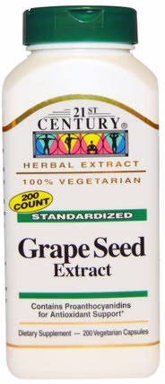 Grape Seed Extract, 200 Veggie Caps by 21st Century, 補充劑，抗氧化劑，葡萄籽提取物 HK 香港