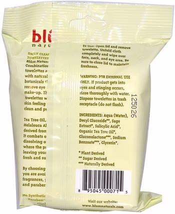 Daily Cleansing & Makeup Remover Towelettes, Combination & Oily Skin, Tea Tree, 30 Towelettes by Blum Naturals, 美容，水楊酸，面部護理，面部濕巾 HK 香港