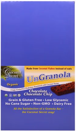 Organic Chocolate Chocolate Chip Ungranola Bar, 12 Bars, 1.2 oz (34 g) Each by Coconut Secret, 食物，零食，健康零食，補品，營養棒 HK 香港