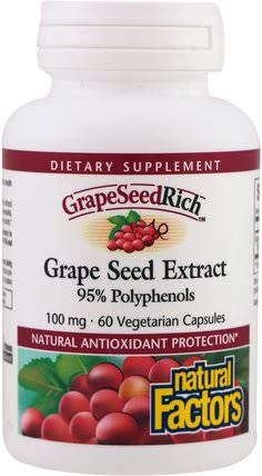 Grape Seed Extract, 95% Polyphenols, 100 mg, 60 Vetegarian Capsules by Natural Factors, 補充劑，抗氧化劑，葡萄籽提取物 HK 香港