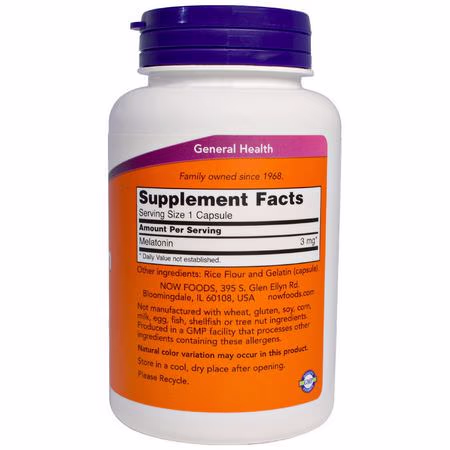 褪黑激素, 睡眠: Now Foods, Melatonin, 3 mg, 180 Capsules