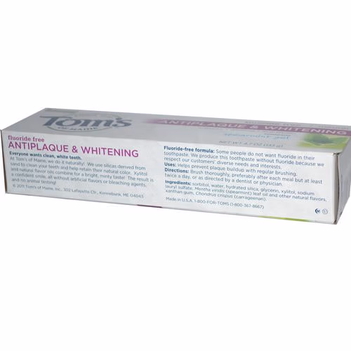 Tom's of Maine, Antiplaque & Whitening, Fluoride-Free Toothpaste, Spearmint Gel, 4.7 oz (133 g) Review Tom's of Maine, Antiplaque & Whitening, Fluoride-Free Toothpaste, Spearmint Gel, 4.7 oz (133 g) Review