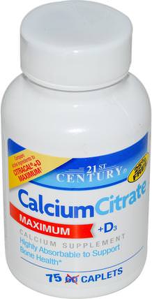 Calcium Citrate + D3, 75 Caplets by 21st Century, 補充劑，礦物質，檸檬酸鈣，鈣維生素d HK 香港