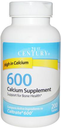Calcium Supplement 600, 200 Tablets by 21st Century, 補品，礦物質，碳酸鈣 HK 香港