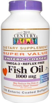 Fish Oil, 1000 mg, 180 Enteric Coated Softgels by 21st Century, 補充劑，efa omega 3 6 9（epa dha），魚油，魚油軟膠囊 HK 香港