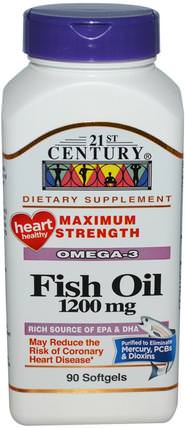 Fish Oil, Maximum Strength, 1200 mg, 90 Softgels by 21st Century, 補充劑，efa omega 3 6 9（epa dha），魚油，魚油軟膠囊 HK 香港
