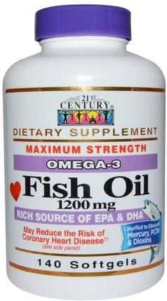 Fish Oil, Omega-3, Maximum Strength, 1200 mg, 140 Softgels by 21st Century, 補充劑，efa omega 3 6 9（epa dha），魚油，魚油軟膠囊 HK 香港