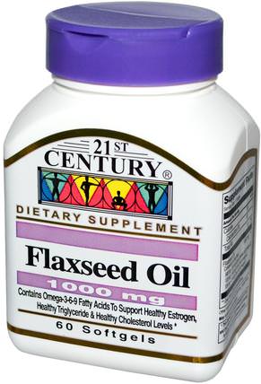 Flaxseed Oil, 1000 mg, 60 Softgels by 21st Century, 補充劑，efa omega 3 6 9（epa dha），亞麻油軟膠囊 HK 香港