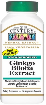 Ginkgo Biloba Extract, Standardized, 200 Veggie Caps by 21st Century, 草藥，銀杏葉 HK 香港