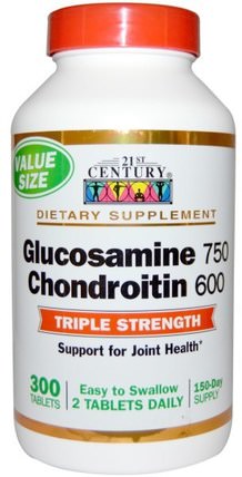 Glucosamine 750 Chondroitin 600, Triple Strength, 300 (Easy Swallow) Tablets by 21st Century, 補充劑，氨基葡萄糖軟骨素 HK 香港