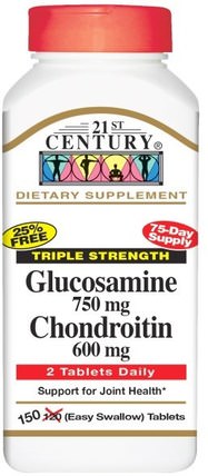 Glucosamine 750 mg Chondroitin 600 mg, Triple Strength, 150 (Easy Swallow) Tablets by 21st Century, 補充劑，氨基葡萄糖軟骨素 HK 香港
