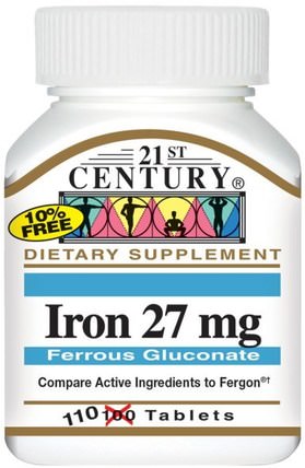Iron, 27 mg, 110 Tablets by 21st Century, 補品，礦物質，鐵 HK 香港