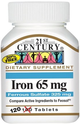 Iron, 65 mg, 120 Tablets by 21st Century, 補品，礦物質，鐵 HK 香港