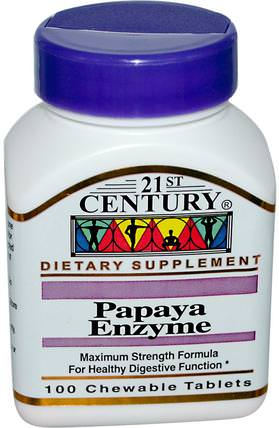 Papaya Enzyme, 100 Chewable Tablets by 21st Century, 補充劑，酶，木瓜木瓜蛋白酶 HK 香港