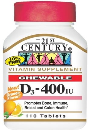 Vitamin D3, Chewable, Orange Flavor, 400 IU, 110 Tablets by 21st Century, 維生素，維生素D3 HK 香港