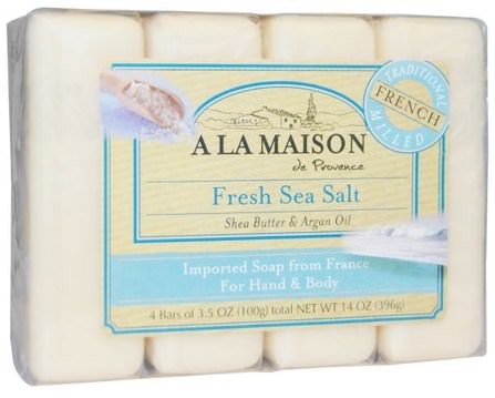 Hand & Body Bar Soap, Fresh Sea Salt, 4 Bars, 3.5 oz Each by A La Maison de Provence, 洗澡，美容，肥皂 HK 香港