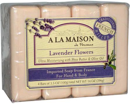Hand & Body Bar Soap, Lavender Flowers, 4 Bars, 3.5 oz (100 g) Each by A La Maison de Provence, 洗澡，美容，肥皂 HK 香港