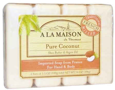 Hand & Body Bar Soap, Pure Coconut, 4 Bars, 3.5 oz Each by A La Maison de Provence, 洗澡，美容，肥皂 HK 香港