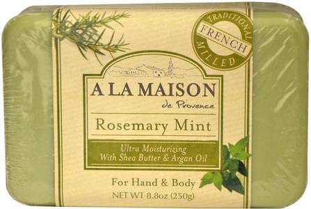 Hand & Body Bar Soap, Rosemary Mint, 8.8 oz (250 g) by A La Maison de Provence, 洗澡，美容，摩洛哥堅果浴，肥皂 HK 香港