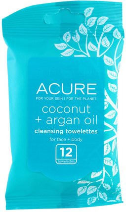 Cleansing Towelettes, Coconut + Argan Oil, 12 Towelettes by Acure Organics, 美容，面部護理，面部濕巾，洗面奶 HK 香港