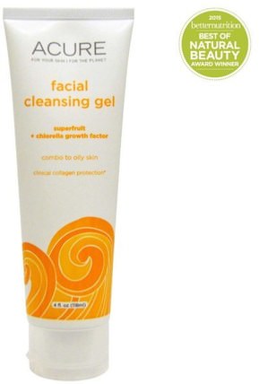 Facial Cleansing Gel, SuperFruit + Chlorella Growth Factor, 4 fl oz (118 ml) by Acure Organics, 沐浴，美容，摩洛哥堅果，痤瘡​​，皮膚型痤瘡皮膚 HK 香港