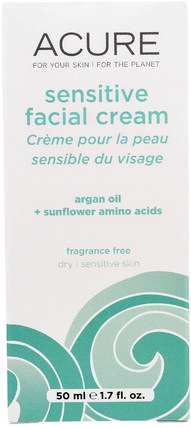 Sensitive Facial Cream, Argan Oil + Sunflower Amino Acids, Fragrance Free, 1.75 fl oz (50 ml) by Acure Organics, 健康，皮膚，晚霜，美容，面部護理，皮膚類型正常至乾性皮膚 HK 香港