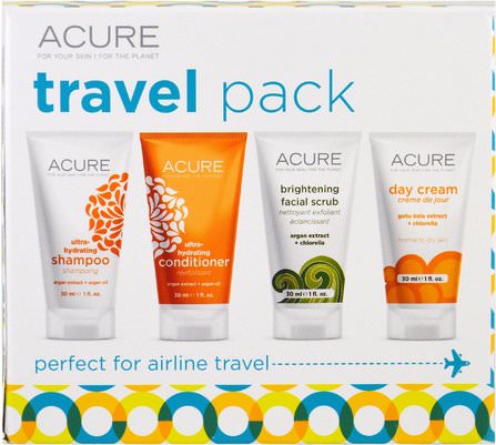 Travel Pack, Shampoo, Conditioner, Brightening Facial Scrub, Day Cream, 4 Pack, 1 oz (30 ml) Each by Acure Organics, 洗澡，美容，洗髮水 HK 香港