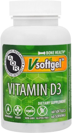 Vitamin D3, 60 Softgels by Advanced Orthomolecular Research AOR, 維生素，維生素D3 HK 香港