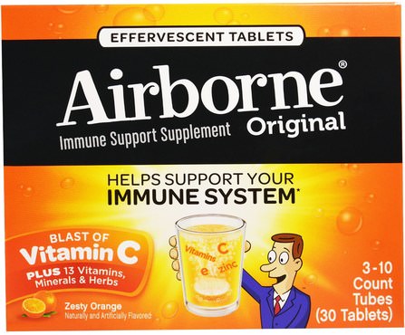 Original, Immune Support, Blast of Vitamin C, Zesty Orange, 3 Tubes, 10 Effevescent Tablets Each by AirBorne, 健康，感冒和病毒，免疫系統，空氣中的泡騰 HK 香港