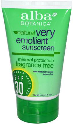 Natural Very Emollient, Sunscreen, Fragrance Free, SPF 30, 4 oz (113 g) by Alba Botanica, 洗澡，美容，防曬霜，spf 30-45 HK 香港
