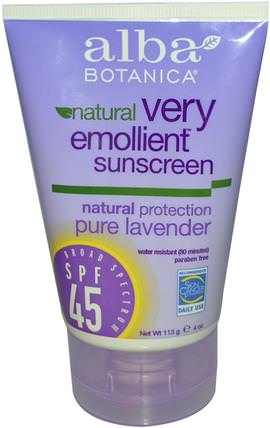 Natural Very Emollient, Sunscreen, Pure Lavender, SPF 45, 4 oz (113 g) by Alba Botanica, 洗澡，美容，防曬霜，spf 30-45 HK 香港