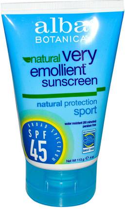 Natural Very Emollient, Sunscreen, Sport, SPF 45, 4 oz (113g) by Alba Botanica, 洗澡，美容，防曬霜，spf 30-45 HK 香港