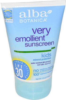 Very Emollient, Sunscreen, Kids, SPF 30, 4 oz (113 g) by Alba Botanica, 洗澡，美容，防曬霜，spf 30-45，兒童和嬰兒防曬霜 HK 香港