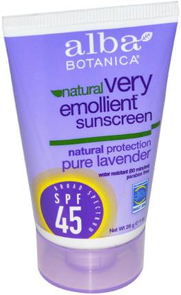 Natural Very Emollient, Sunscreen, SPF 45, Pure Lavender, 1 oz (28 g) by Alba Botanica, 洗澡，美容，防曬霜，spf 30-45 HK 香港