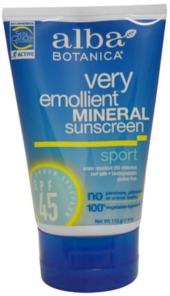 Very Emollient Sunscreen, Sport Mineral Protection, SPF 45, 4 oz (113 g) by Alba Botanica, 洗澡，美容，防曬霜，spf 30-45 HK 香港