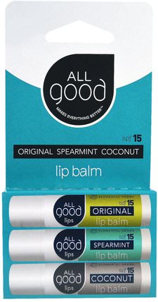 Lip Balm, SPF 15, Original, Spearmint, Coconut, 3 Pack, 4.25 g Each by All Good Products, 洗澡，美容，唇部護理，唇膏，禮品套裝 HK 香港