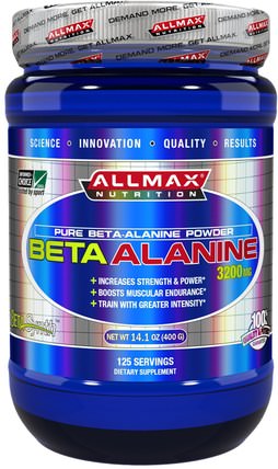 100% Pure Beta-Alanine Maximum Strength + Absorption, 3200 mg, 14.1 oz (400 g) by ALLMAX Nutrition, 補充劑，合成代謝補品，運動 HK 香港