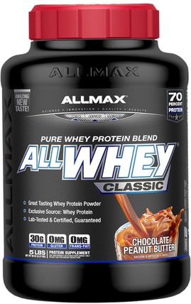 AllWhey Classic, 100% Whey Protein, Chocolate Peanut Butter, 5 lbs (2.27 kg) by ALLMAX Nutrition, 補充劑，乳清蛋白，運動 HK 香港