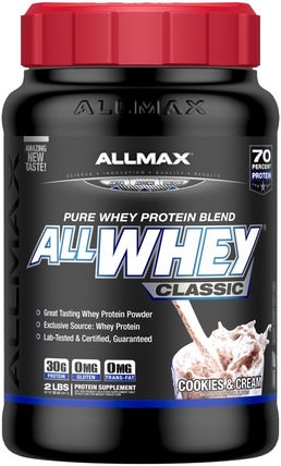 AllWhey Classic, 100% Whey Protein, Cookies & Cream, 2 lbs (907 g) by ALLMAX Nutrition, 補充劑，乳清蛋白，運動 HK 香港