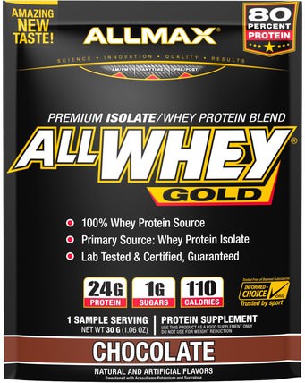 AllWhey Gold, 100% Whey Protein + Premium Whey Protein Isolate, Chocolate, 1.06 oz (30 g) by ALLMAX Nutrition, 運動，補品，乳清蛋白 HK 香港