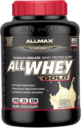AllWhey Gold, 100% Whey Protein + Premium Whey Protein Isolate, French Vanilla, 5 lbs. (2.27 kg) by ALLMAX Nutrition, 補充劑，乳清蛋白，運動 HK 香港