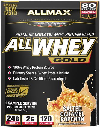 AllWhey Gold, 100% Whey Protein + Premium Whey Protein Isolate, Salted Caramel Popcorn, Trial Size, 30 g by ALLMAX Nutrition, 運動，補品，乳清蛋白 HK 香港
