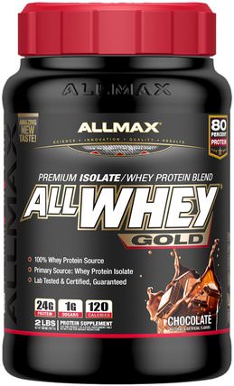 AllWhey Gold, Premium Isolate/Whey Protein Blend, Chocolate, 2 lbs (907 g) by ALLMAX Nutrition, 補充劑，乳清蛋白，運動 HK 香港