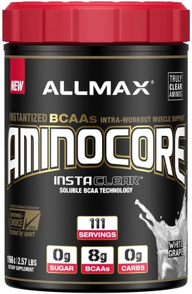 Aminocore, BCAA Max Strength, 8G Branched Chain Amino Acid, Gluten Free, White Grape, 2.57 lbs (1166 g) by ALLMAX Nutrition, 健康，能量，運動 HK 香港