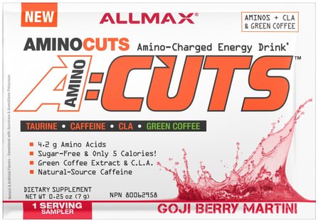 AMINOCUTS (ACUTS), BCAA + Taurine + CLA + Green Coffee, Goji Berry Martini, Trial Size, 0.25 oz (7 g) by ALLMAX Nutrition, 補充劑，氨基酸，bcaa（支鏈氨基酸） HK 香港